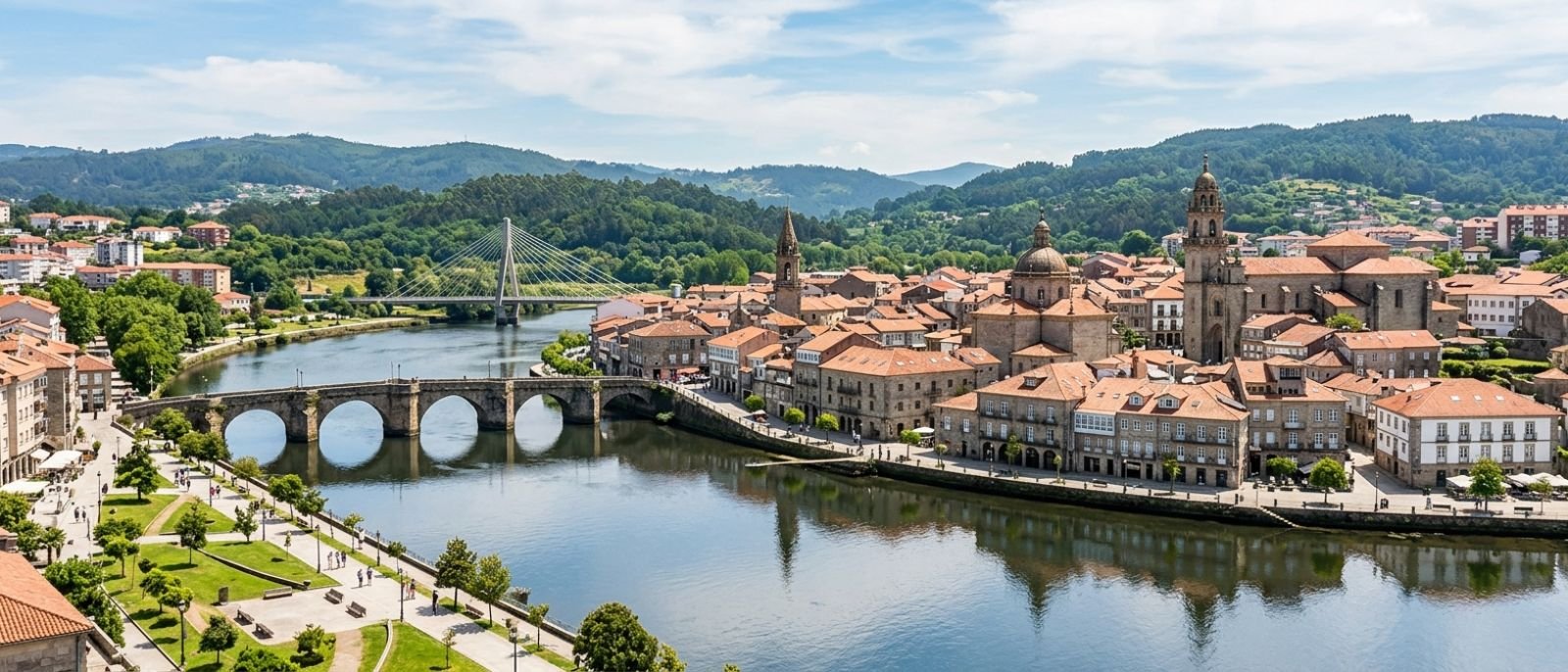 Vista de Pontevedra con el Ponte do Burgo sobre el Lérez y el casco histórico